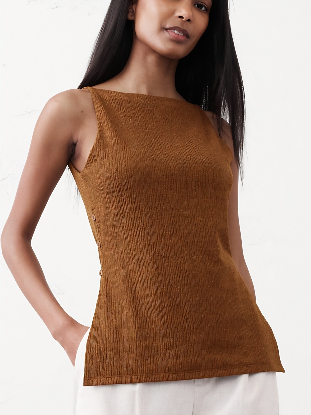 Banana Republic Factory Straight-Neck Crepe Jacquard Top in whipped mousse brown